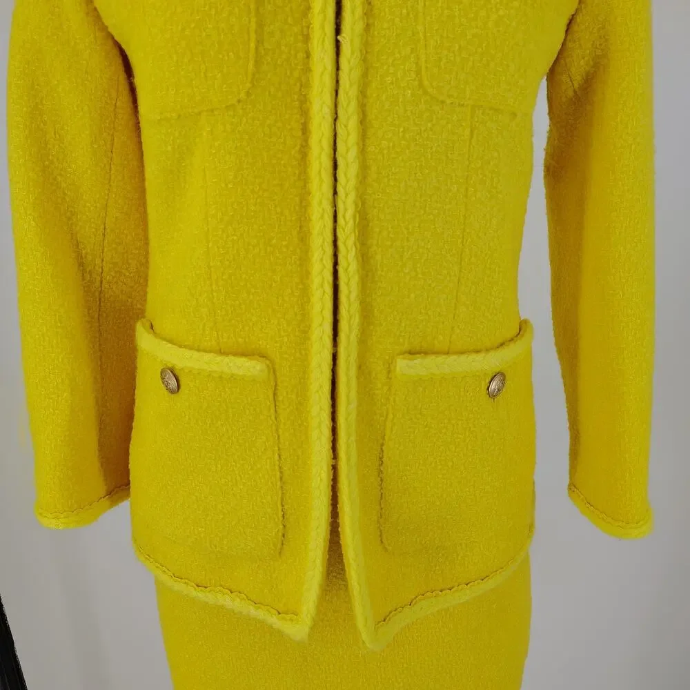 J.Crew Yellow Bouclé Long Lady Jacket & Mini Skirt Wool Blend Suit Set Size 4
